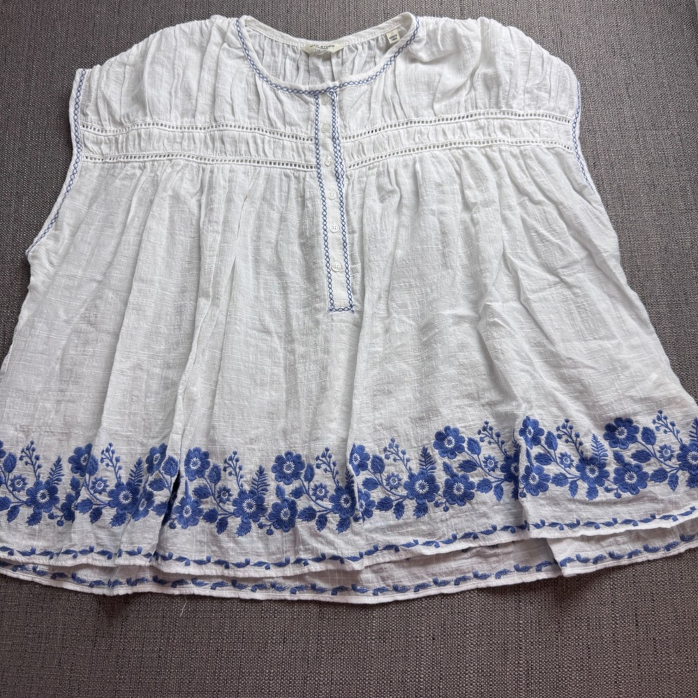 Max Studio London White Blue Floral Embroidered Gauze Peasant Blouse Top XL